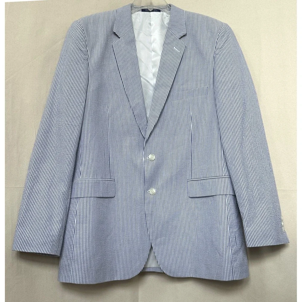 Alan Flusser Preppy Coastal Mens Seersucker Sport Coat 42L Blue Striped Cotton